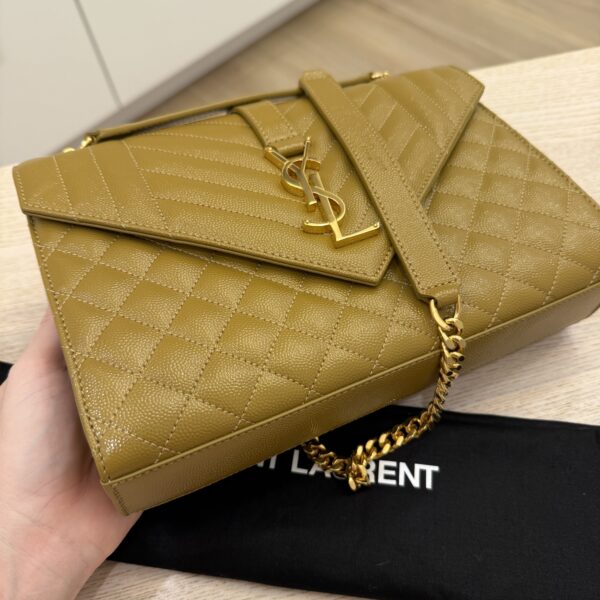Saint Laurent Envelope Medium in Quilted Grain De Poudre Golden Olive Gold Hardware