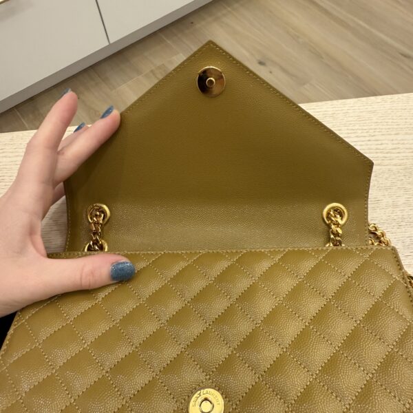 Saint Laurent Envelope Medium in Quilted Grain De Poudre Golden Olive Gold Hardware