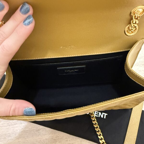 Saint Laurent Envelope Medium in Quilted Grain De Poudre Golden Olive Gold Hardware