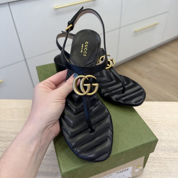 Gucci Double G Marmont Black Heeled Thong Leather Sandal 37