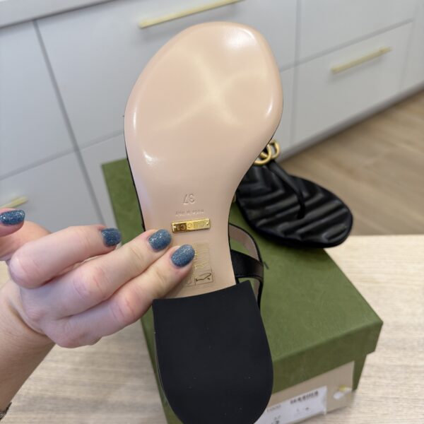 Gucci Double G Marmont Black Heeled Thong Leather Sandal 37