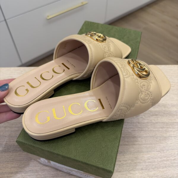 Gucci Nappa GG Matelasse GG Marmont Flat Slide Sandals 37.5 Naturale