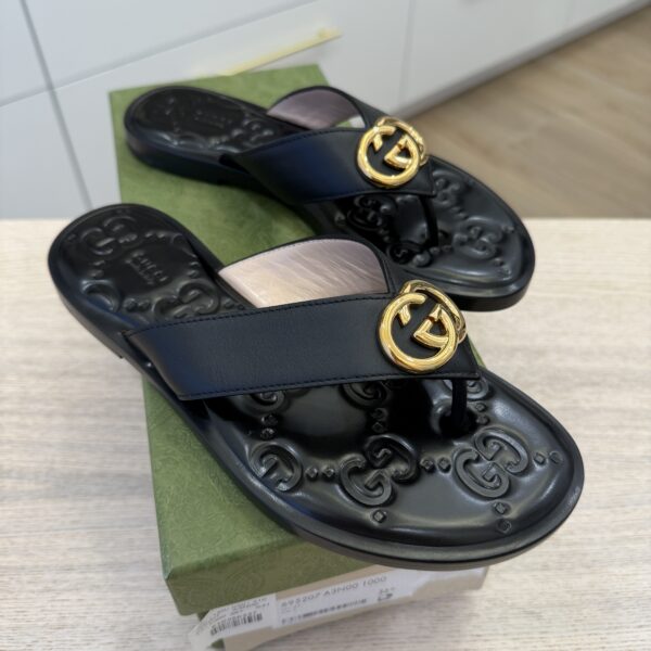 Gucci Lifford Calfskin GG Monogram Embossed Interlocking G 5mm Thong Sandals 36.5 Black
