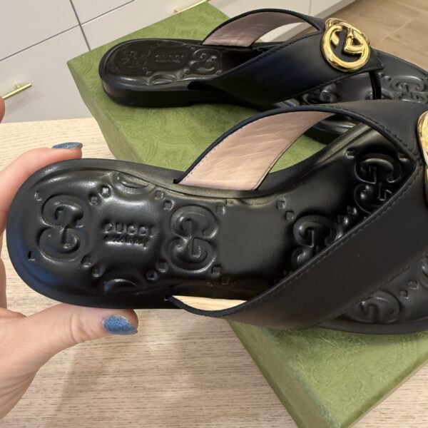 Gucci Lifford Calfskin GG Monogram Embossed Interlocking G 5mm Thong Sandals 36.5 Black