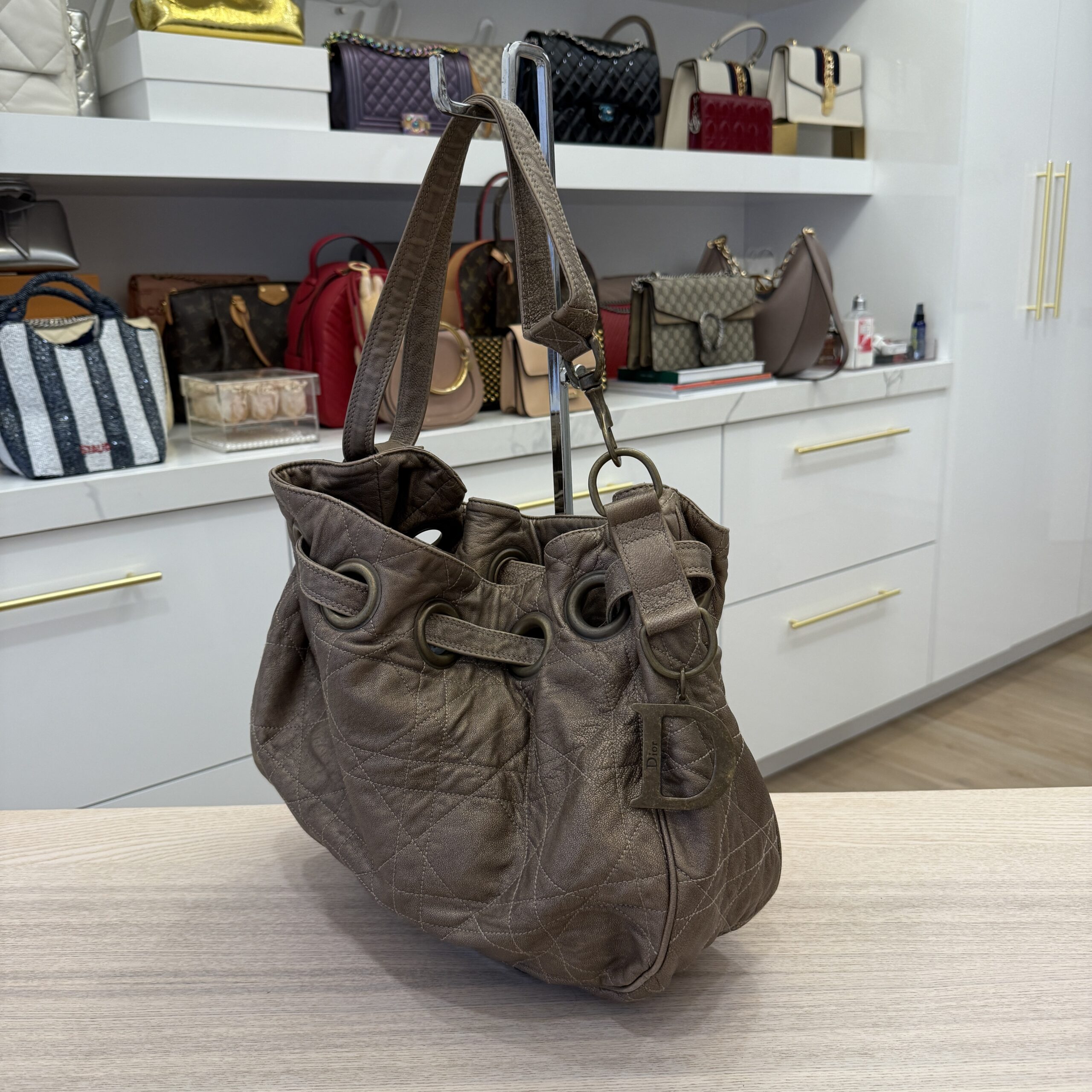 Christian Dior Metallic Lambskin Cannage Drawstring Bag