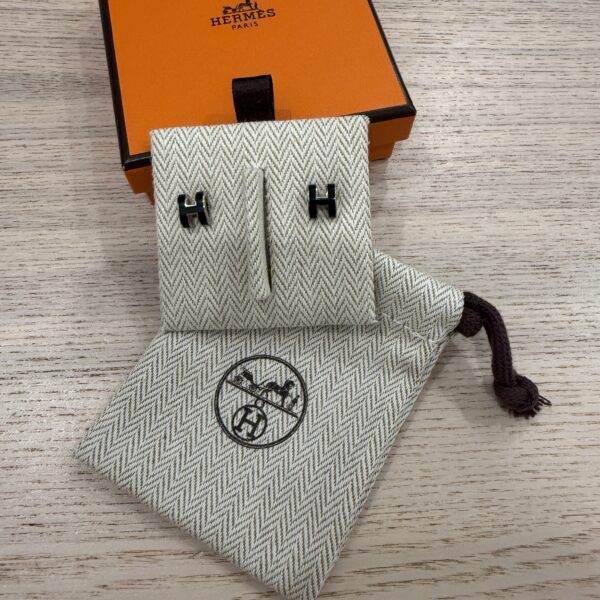 Hermes Gold Lacquered Mini Pop H Earrings Black and Silver