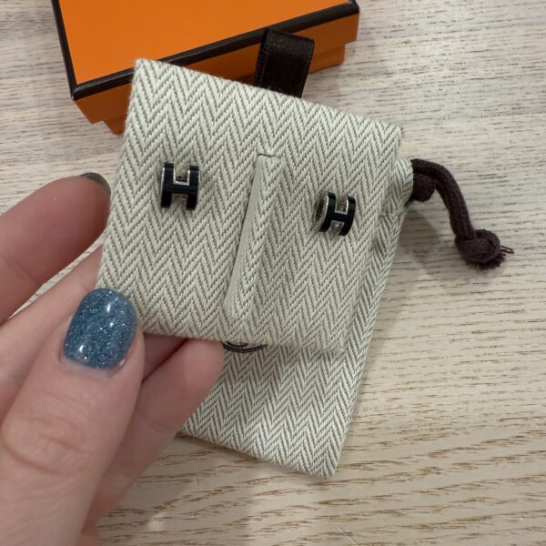 Hermes Gold Lacquered Mini Pop H Earrings Black and Silver