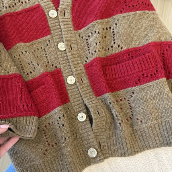 Gucci Gg Supreme-eyelet Striped Wool Cardigan In Brown Size Large
