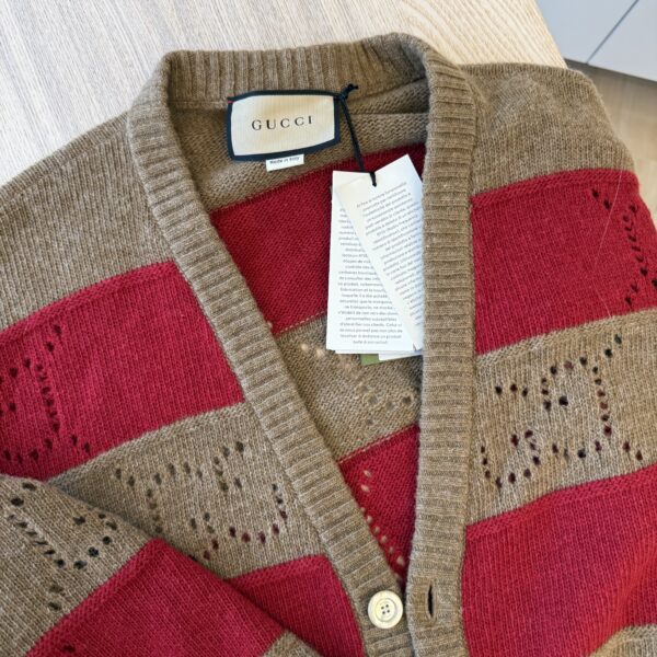 Gucci Gg Supreme-eyelet Striped Wool Cardigan In Brown Size Large