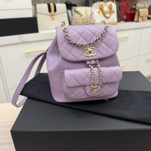 Chanel Lambskin Quilted Small Duma Drawstring Backpack Light Purple