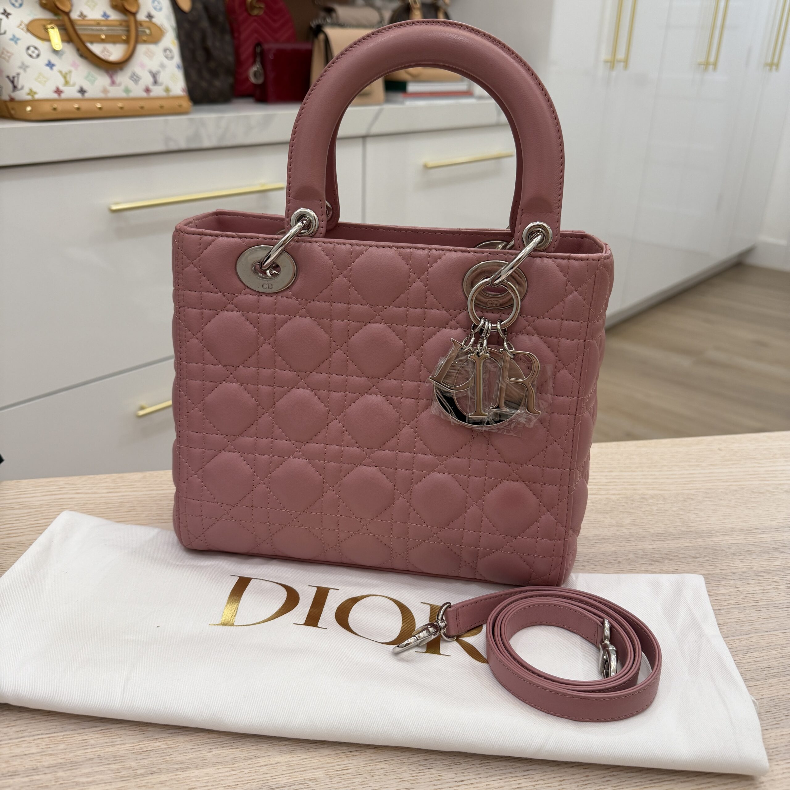 Christian Dior Lambskin Cannage Medium Lady Dior Silver Hardware Mauve