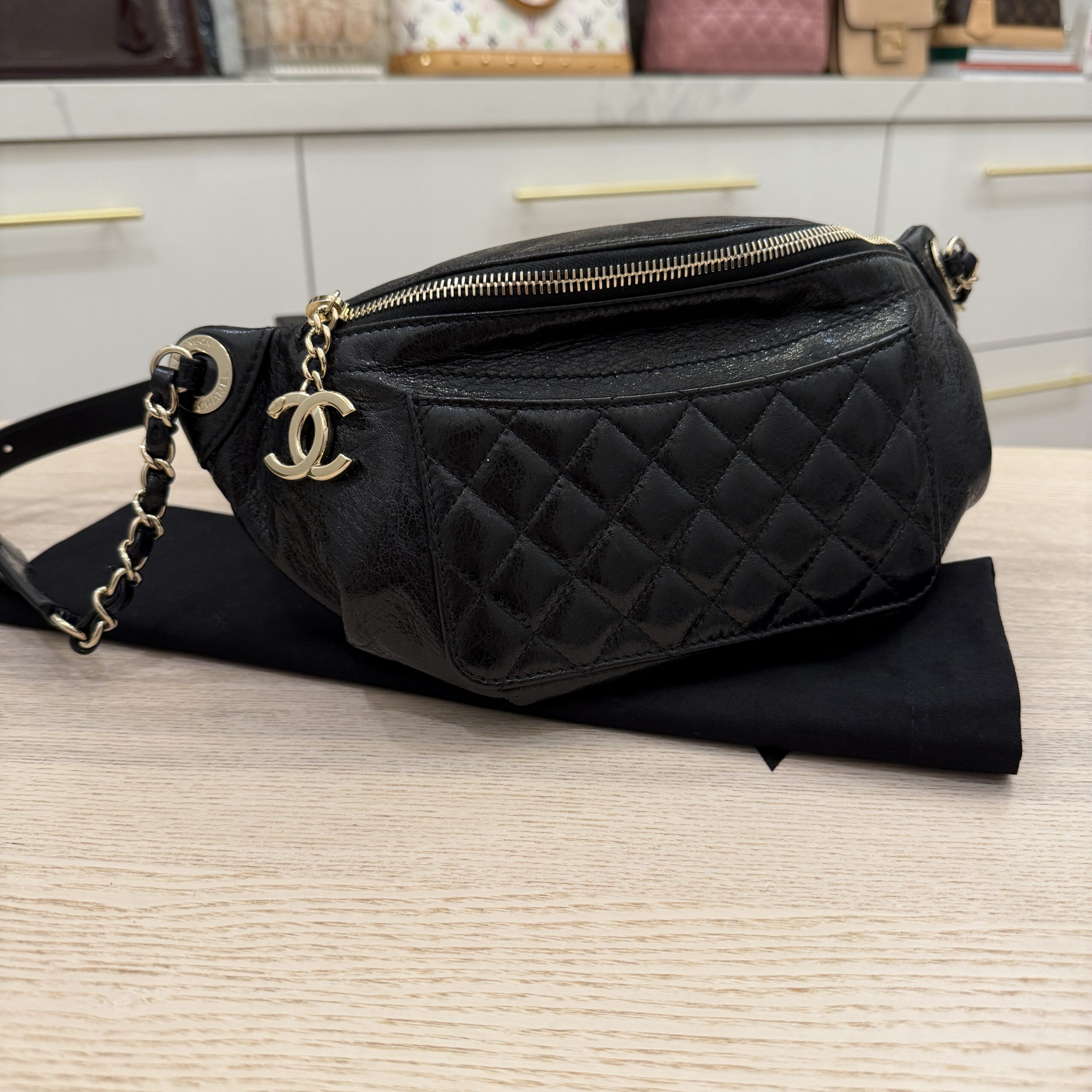 Chanel Crumpled Lambskin Quilted Waist Bag Fanny Pack Black