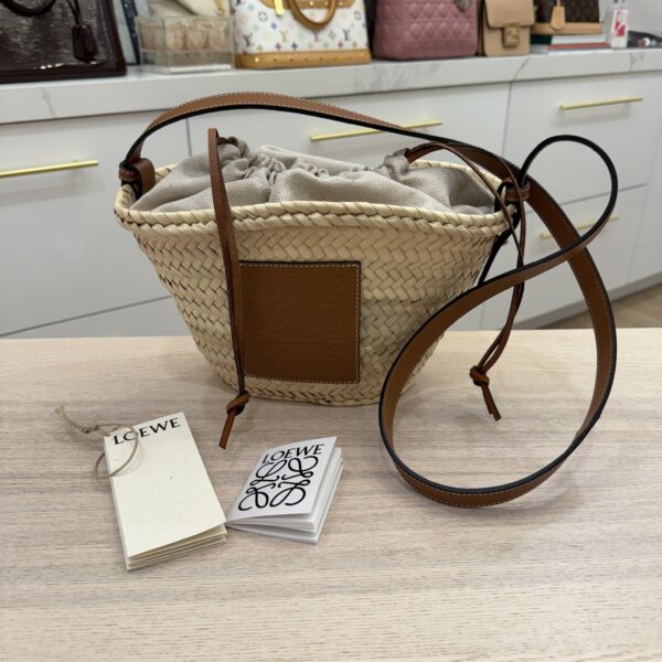 Loewe Leaf Palm Calfskin Drawstring Bucket Bag Natural Tan