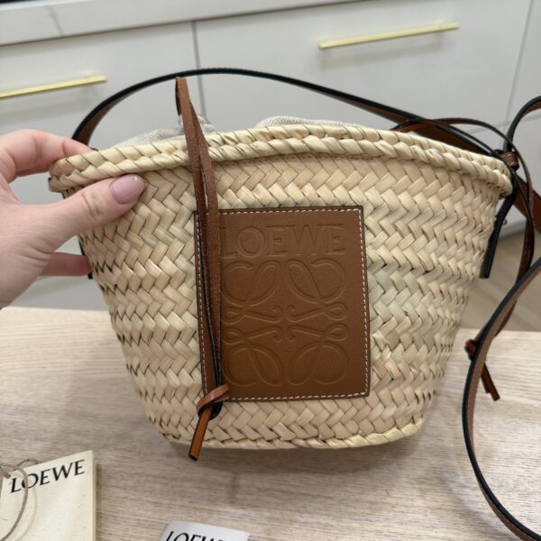 Loewe Leaf Palm Calfskin Drawstring Bucket Bag Natural Tan