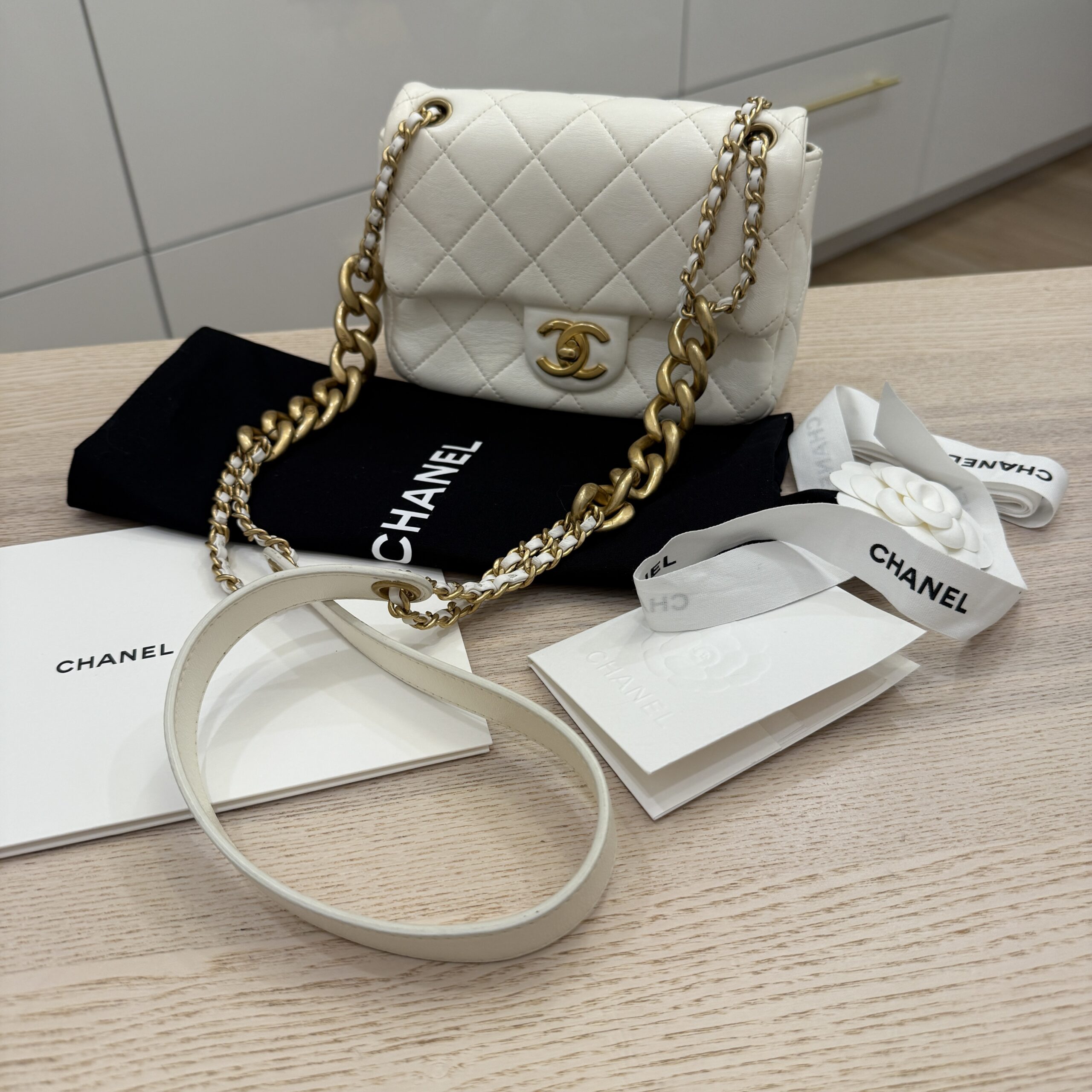 Chanel White Shiny Quilted Lambskin Mini Flap Bag Aged Gold Hardware