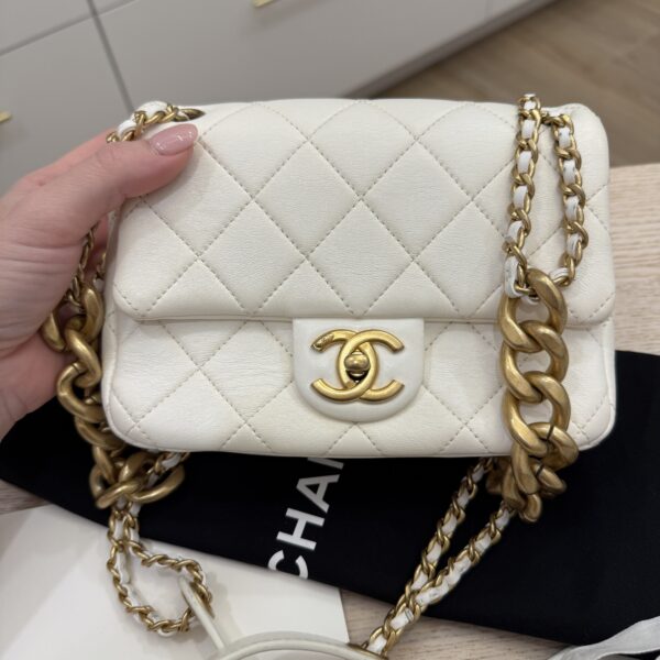 Chanel White Shiny Quilted Lambskin Mini Flap Bag Aged Gold Hardware