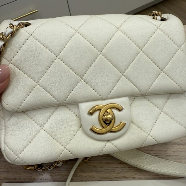 Chanel White Shiny Quilted Lambskin Mini Flap Bag Aged Gold Hardware