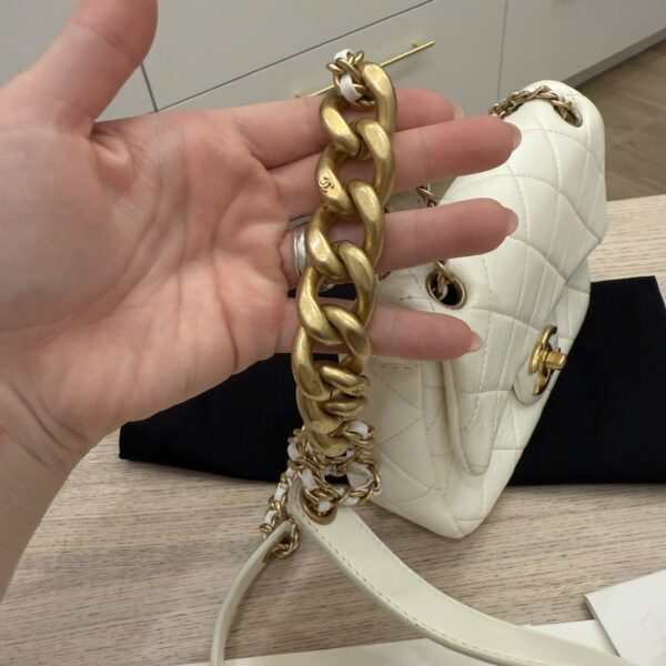 Chanel White Shiny Quilted Lambskin Mini Flap Bag Aged Gold Hardware