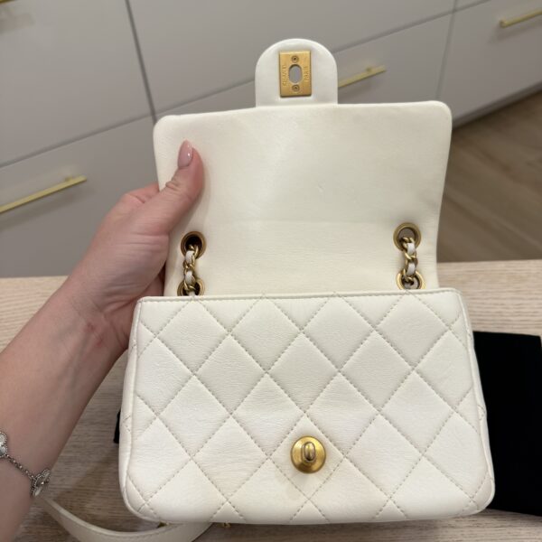 Chanel White Shiny Quilted Lambskin Mini Flap Bag Aged Gold Hardware