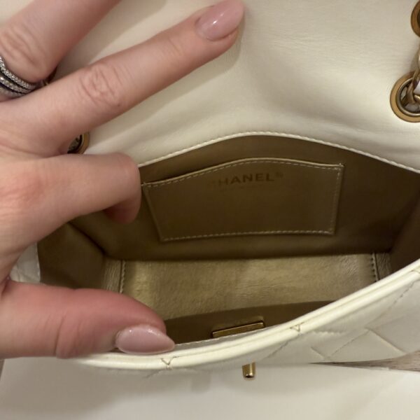 Chanel White Shiny Quilted Lambskin Mini Flap Bag Aged Gold Hardware