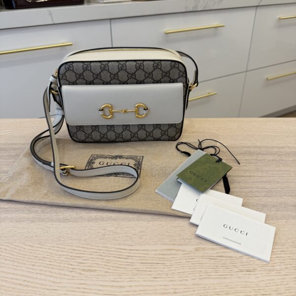 Gucci GG Supreme Monogram Small Horsebit 1955 Shoulder Bag Beige White