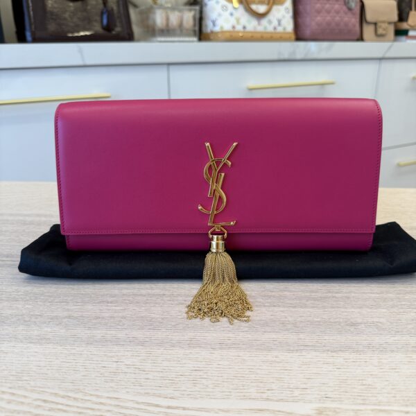 Saint Laurent (YSL) Pink Leather Cassandre Tassel Clutch Bag