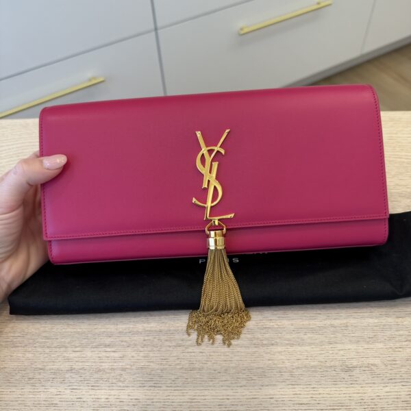 Saint Laurent (YSL) Pink Leather Cassandre Tassel Clutch Bag