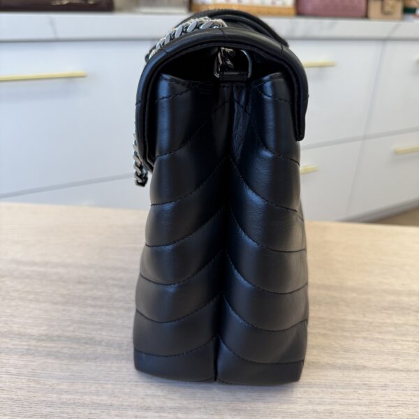 Saint Laurent (YSL) Calfskin Y Quilted Monogram Medium Loulou Chain Satchel Black and Silver Hardware