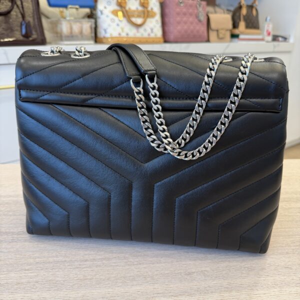 Saint Laurent (YSL) Calfskin Y Quilted Monogram Medium Loulou Chain Satchel Black and Silver Hardware