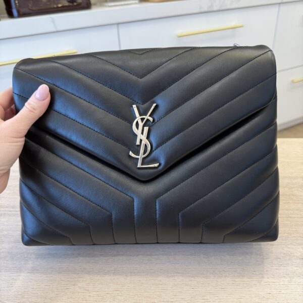 Saint Laurent (YSL) Calfskin Y Quilted Monogram Medium Loulou Chain Satchel Black and Silver Hardware