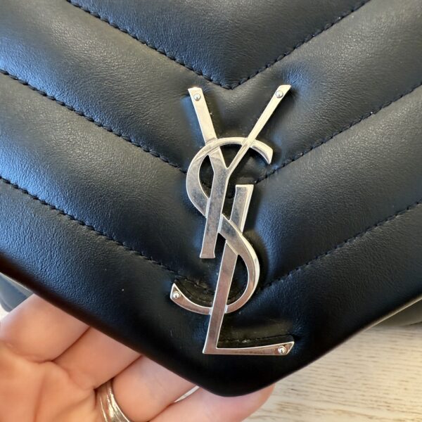 Saint Laurent (YSL) Calfskin Y Quilted Monogram Medium Loulou Chain Satchel Black and Silver Hardware