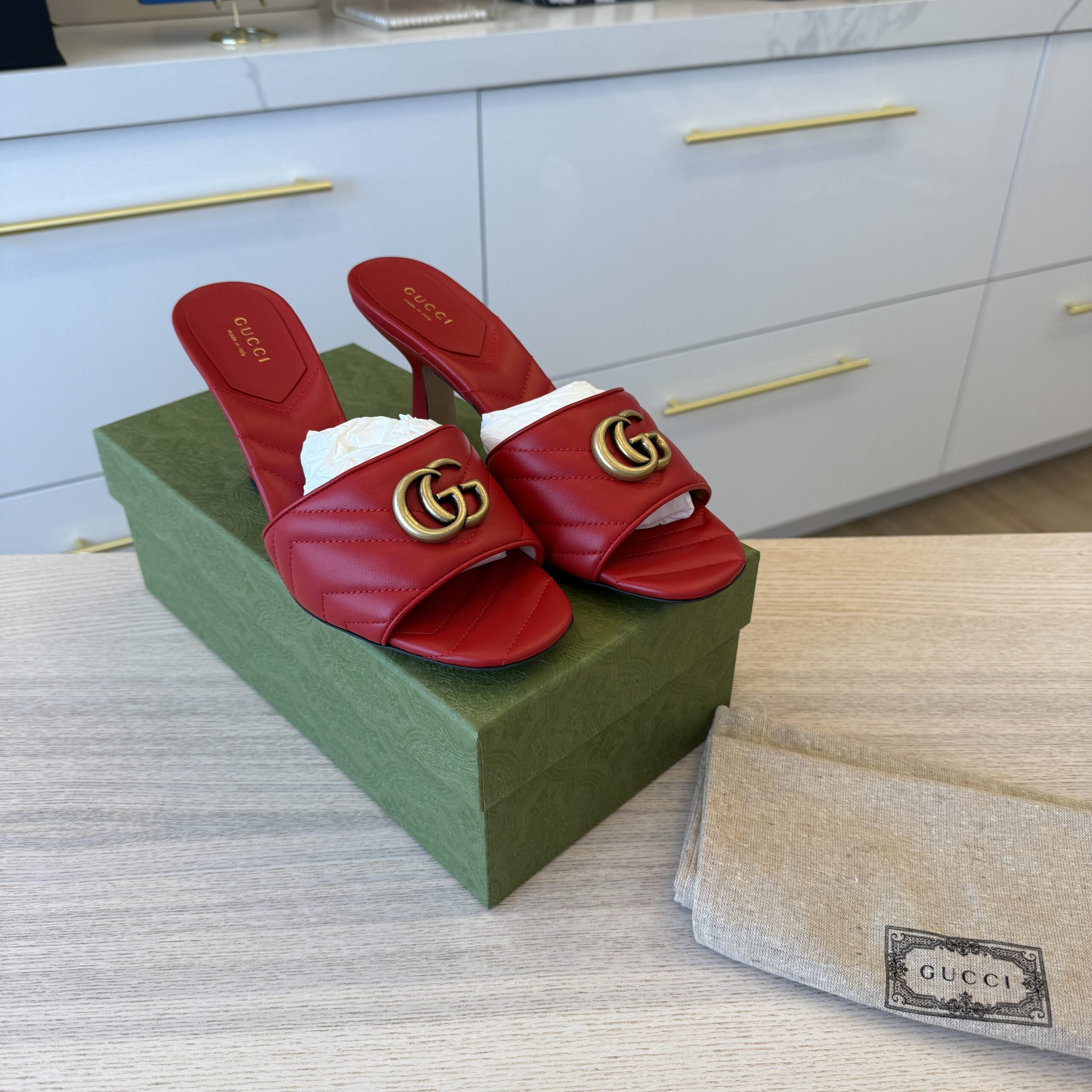 Gucci Nappa Matelasse GG Marmont 75mm Slide Sandals 39.5 Red