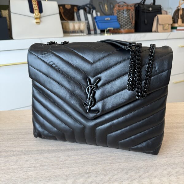 Saint Laurent (YSL) Calfskin Y Quilted Monogram Medium Loulou Chain Satchel Black and Black Hardware