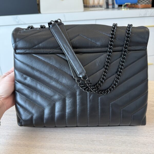 Saint Laurent (YSL) Calfskin Y Quilted Monogram Medium Loulou Chain Satchel Black and Black Hardware