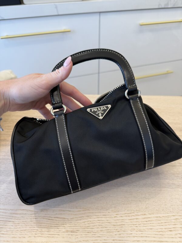 Prada Vitello Trimmed Push-Lock Bauletto Handle Bag Black