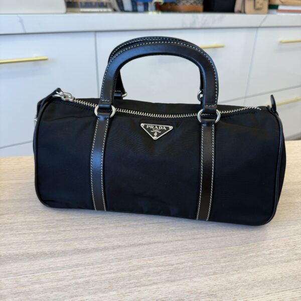 Prada Vitello Trimmed Push-Lock Bauletto Handle Bag Black