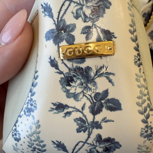 Gucci Malaga Kid Web Bow Mid Heel Mules 38 Black Vintage White