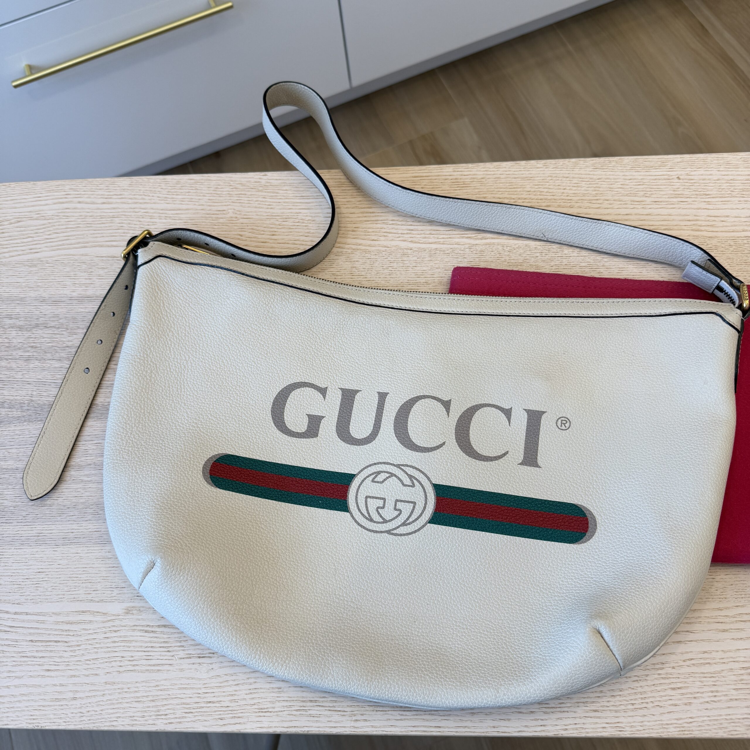 Gucci Grained Calfskin Logo Half Moon Hobo White Large