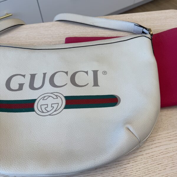 Gucci Grained Calfskin Logo Half Moon Hobo White Large