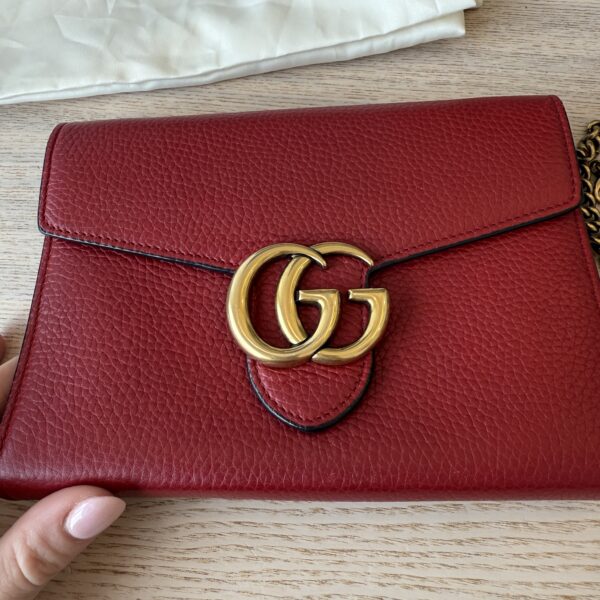 Gucci Calfskin GG Marmont Chain Wallet Vulcanic Red