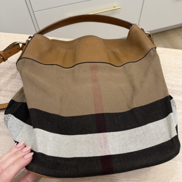Burberry Canvas Mega Check Medium Ashby Hobo Saddle Brown