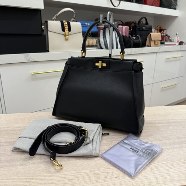 Fendi Vitello Morgan Shiny Nappa Medium Peekaboo Iconic Satchel Black and Gold