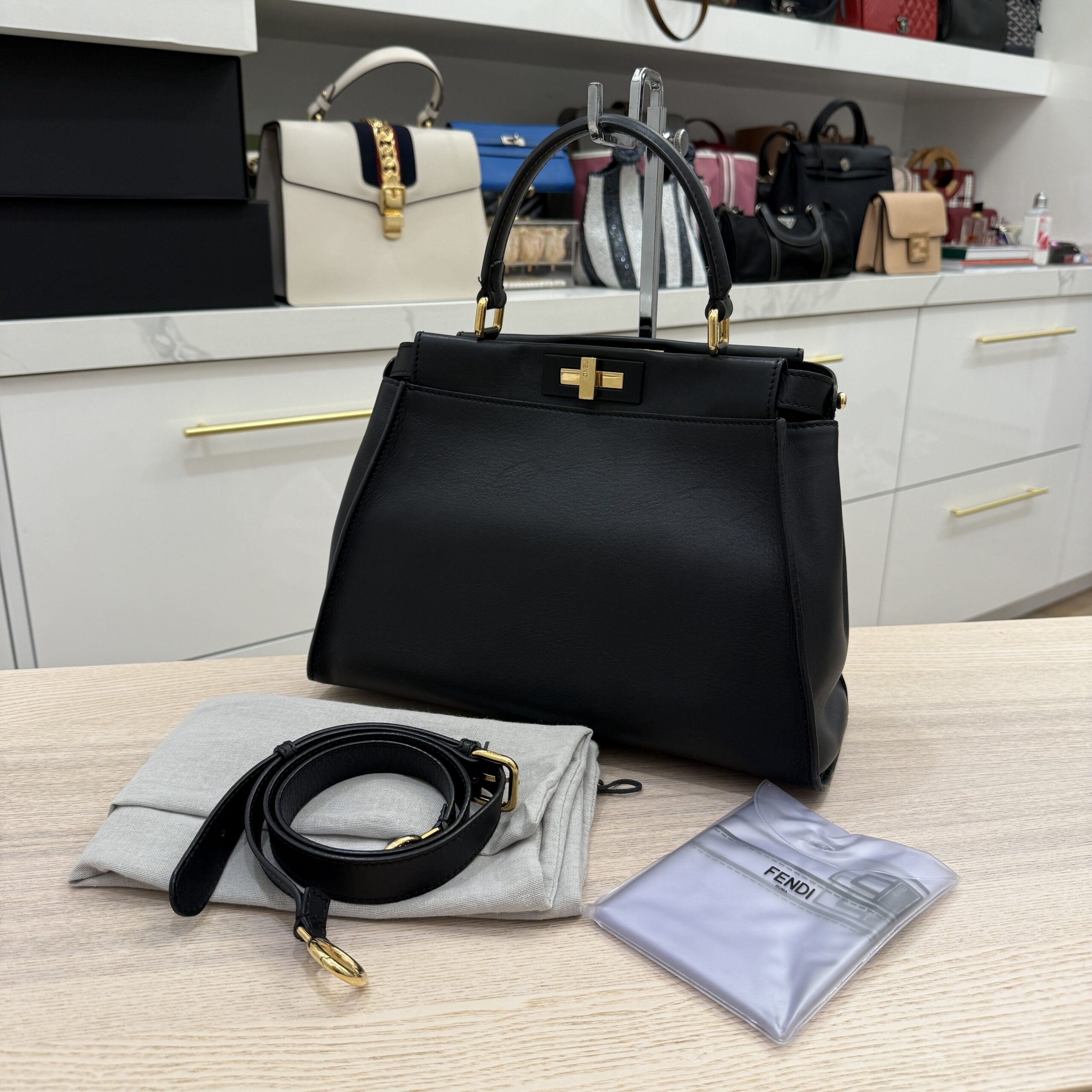 Fendi Vitello Morgan Shiny Nappa Medium Peekaboo Iconic Satchel Black and Gold