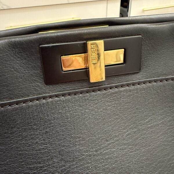 Fendi Vitello Morgan Shiny Nappa Medium Peekaboo Iconic Satchel Black and Gold