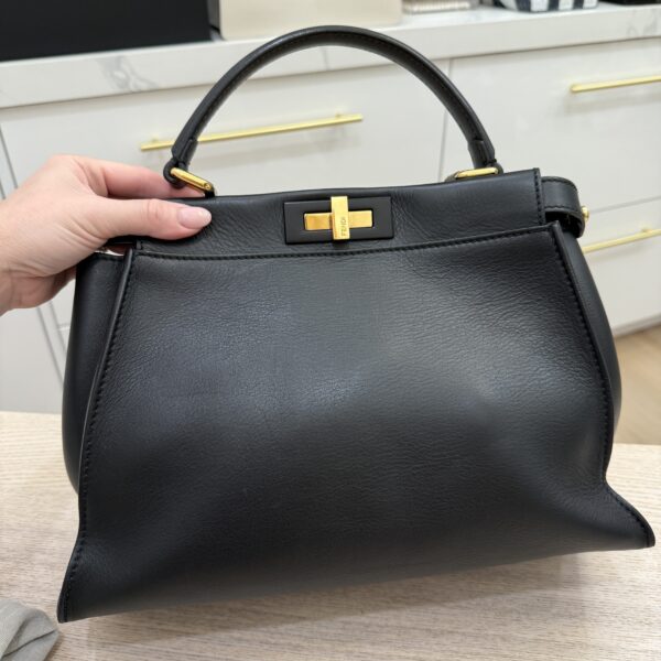 Fendi Vitello Morgan Shiny Nappa Medium Peekaboo Iconic Satchel Black and Gold