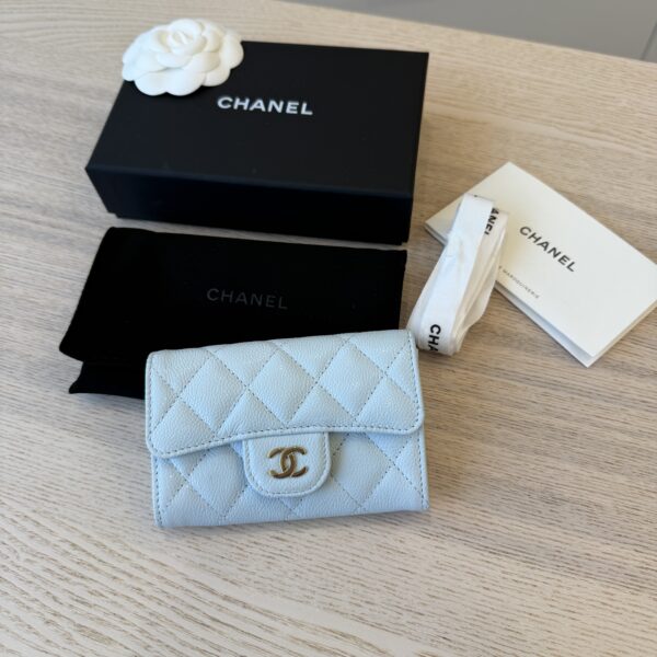 Chanel Caviar Quilted Flap Card Holder Wallet Light Blue GHW