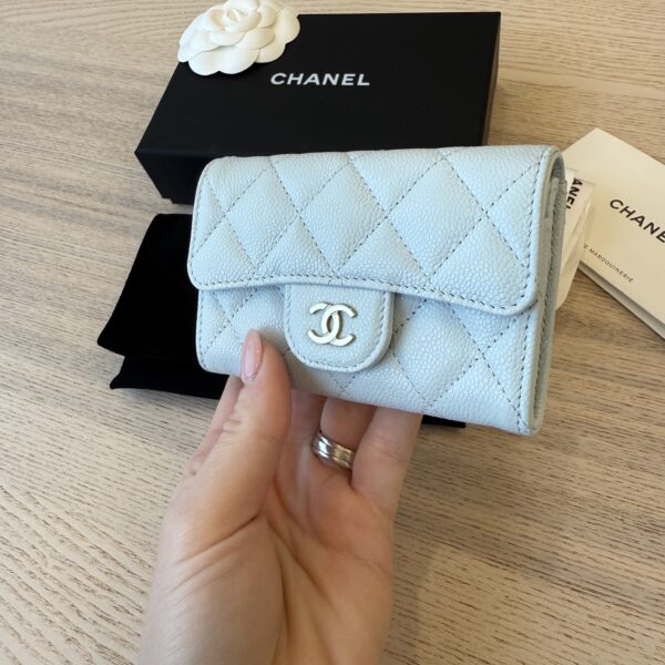 Chanel Caviar Quilted Flap Card Holder Wallet Light Blue GHW