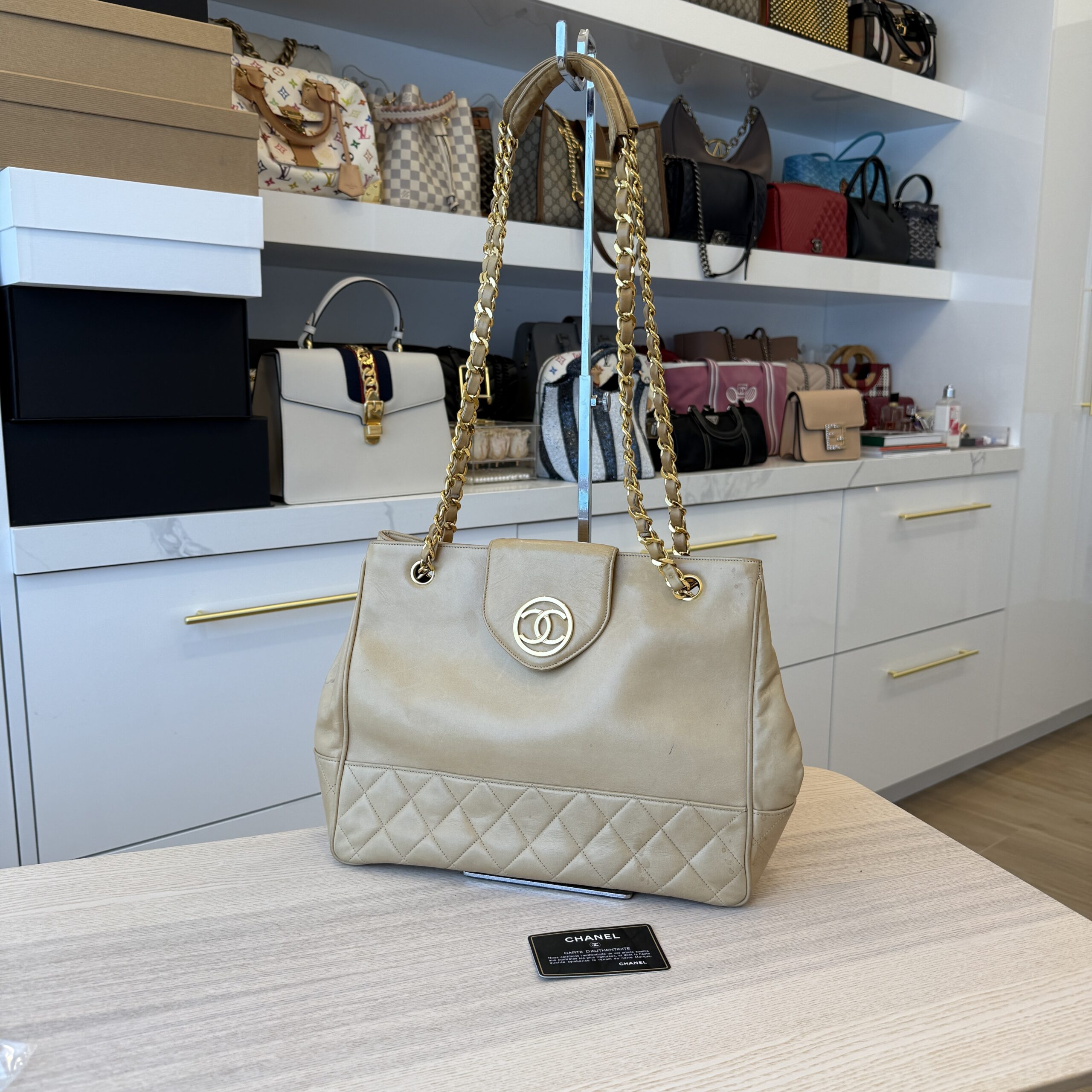 Chanel Matelasse Chain Shoulder Bag LambSkin Beige Gold CC