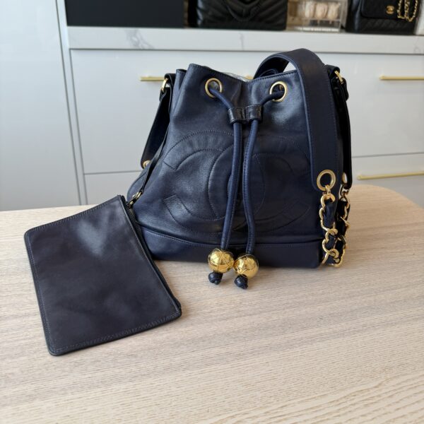 Chanel Navy Lambskin Leather Vintage CC Drawstring Bucket Bag