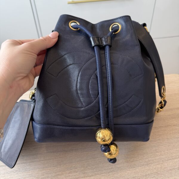 Chanel Navy Lambskin Leather Vintage CC Drawstring Bucket Bag